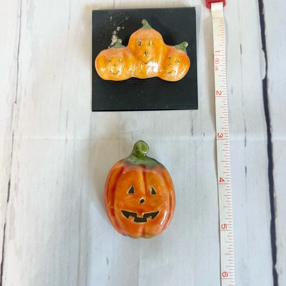 Vintage Halloween Pumpkin Brooch Pin Set Enamel Jack O Lantern Fall